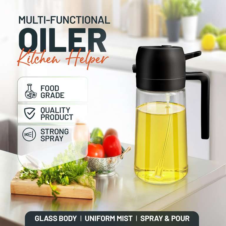 2-in-1 Oil Bottle | Sprayer & Dispenser | Fine Mist Control for Cooking