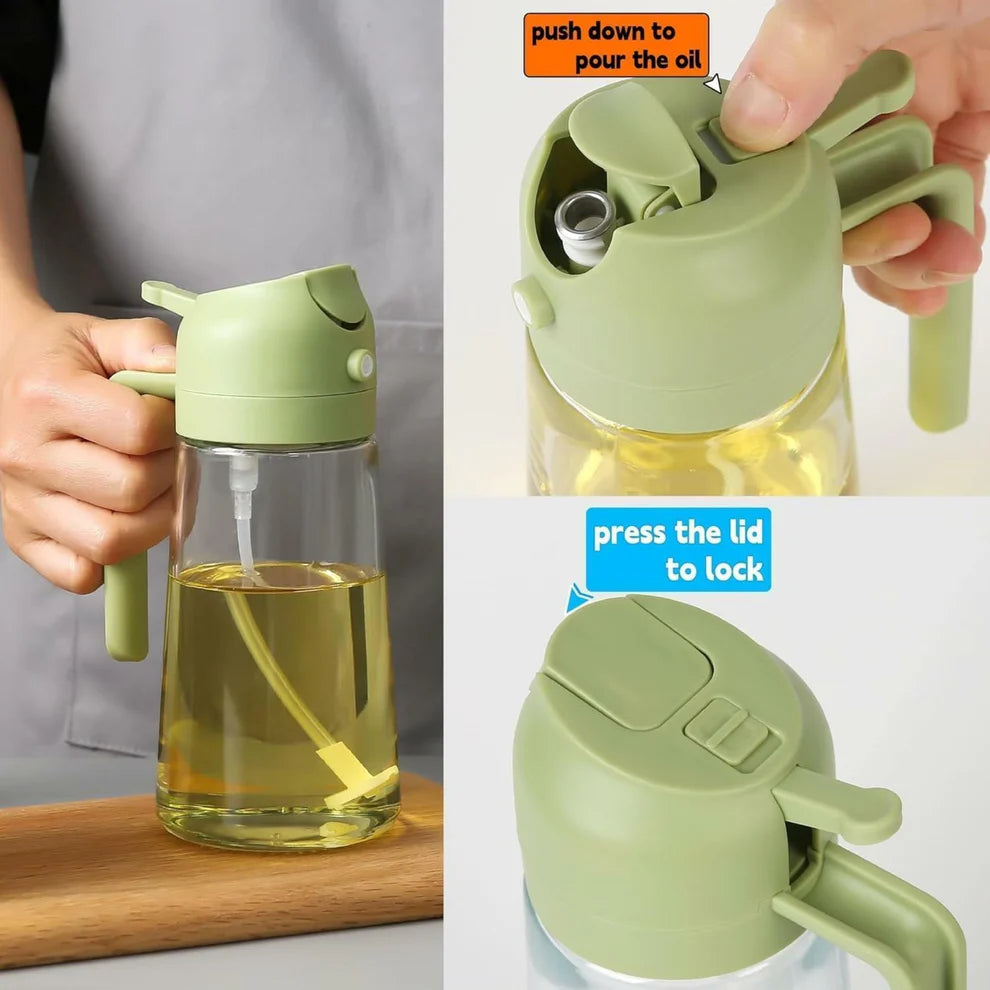 2-in-1 Oil Bottle | Sprayer & Dispenser | Fine Mist Control for Cooking